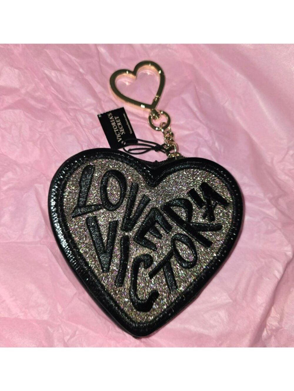 Victorias Secret Black Heart-Shaped Glitter Coin Pouch Gold Keychain NWT lh4176